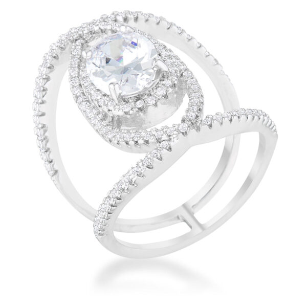 Contemporary cocktail ring with round 1.15 Mm cubic zirconia in a pave setting, rhodium plated over lead free alloy (brass).