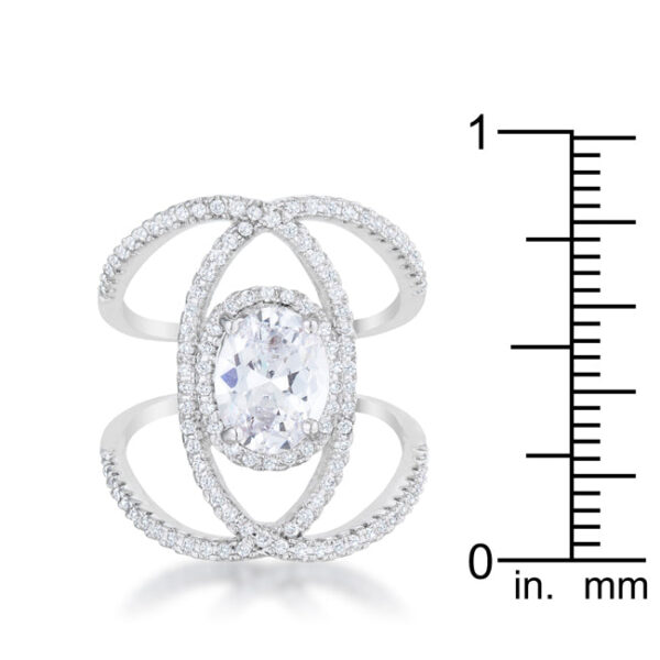 Rhodium plated over lead free alloy (brass) contemporary cocktail ring measuring 5 (mm) wide with pave cubic zirconia.