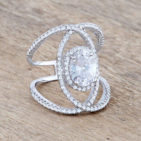 Round cubic zirconia pave cocktail ring, rhodium plated over lead free alloy (brass), measuring 5 (mm) wide.