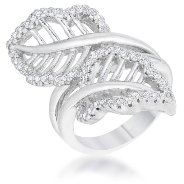 Leaf wrap ring in rhodium plated over lead free alloy (brass) with round pave cubic zirconia.