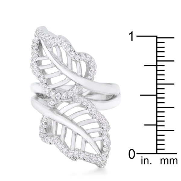 Round 1.15 Mm cubic zirconia in pave on a rhodium plated over lead free alloy (brass) leaf wrap ring.