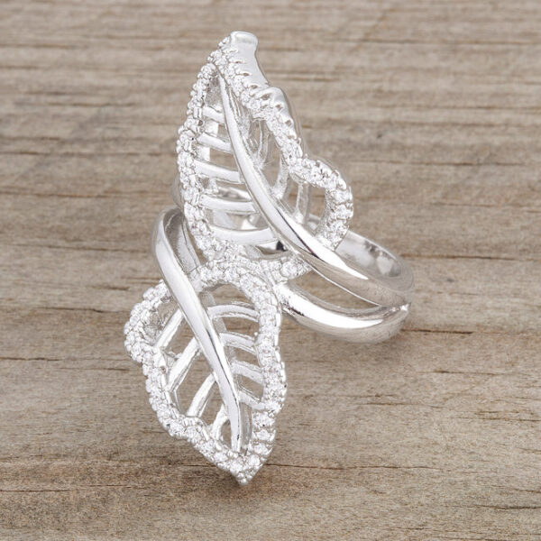 Cocktail-style leaf wrap ring in rhodium plated over lead free alloy (brass) with round cubic zirconia.