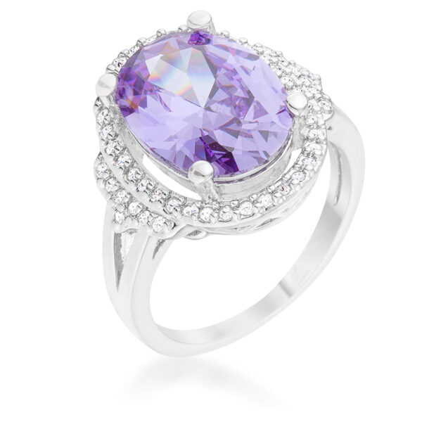 Cocktail ring with amethyst-colored round cubic zirconia stones set closely in a pave setting on a rhodium plated band