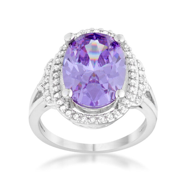 Side angle of the cocktail ring showing the rhodium plated band width and the raised cluster of pave-set stones