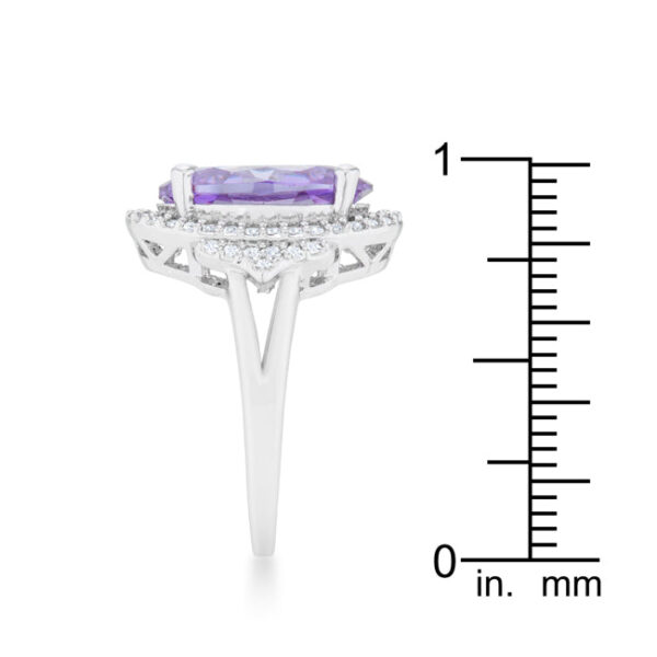 Cocktail ring photographed at an angle to show the dome shape of the amethyst-colored stone cluster