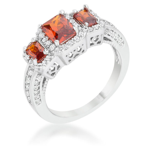 Round 1 Mm garnet-colored cubic zirconia pave trio ring in rhodium plated over lead free alloy (brass).