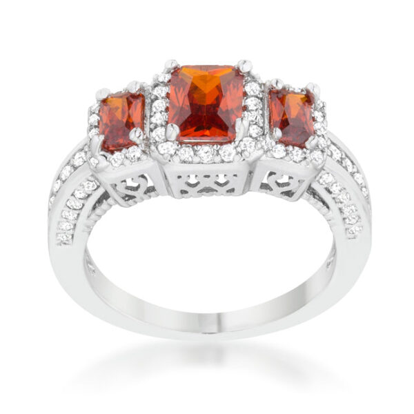 Classic trio ring with round garnet-colored cubic zirconia in a pave setting, rhodium plated over lead free alloy (brass).