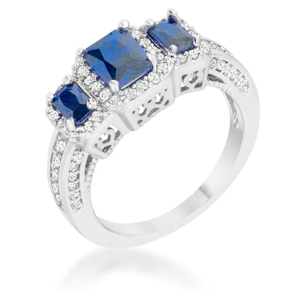 Classic trio ring with round 1 Mm sapphire-colored cubic zirconia in a Pave setting.