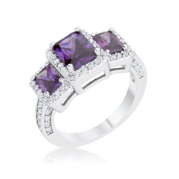 Classic trio ring with round 1 Mm amethyst-colored cubic zirconia in pave, rhodium plated over lead free alloy (brass).