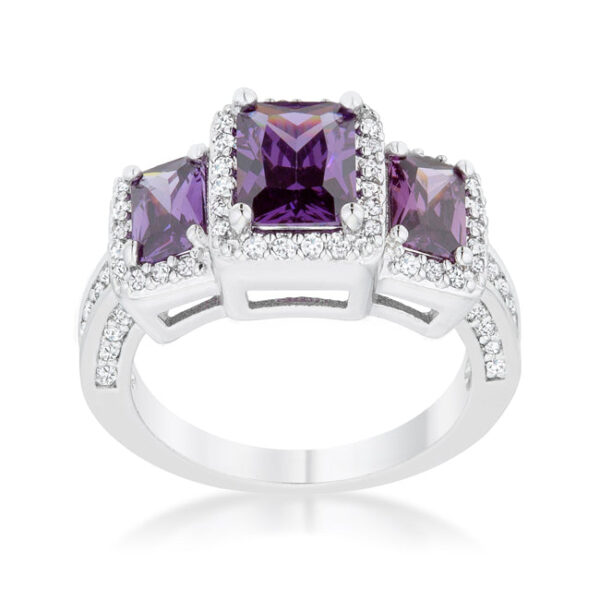 2.3mm trio ring with pave-set round 1 Mm amethyst-colored cubic zirconia, rhodium plated over lead free alloy (brass).