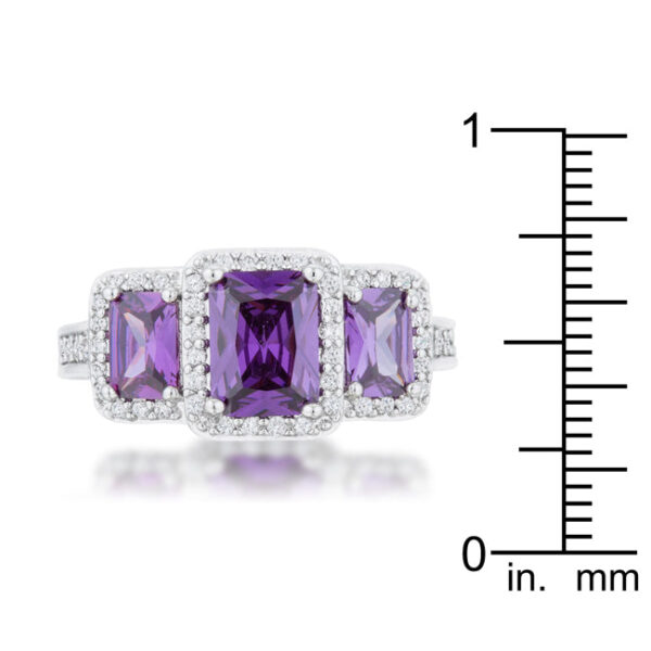 Classic trio ring with 2.3 ct total carat weight of amethyst-colored cubic zirconia in pave, rhodium plated over lead free alloy (brass).