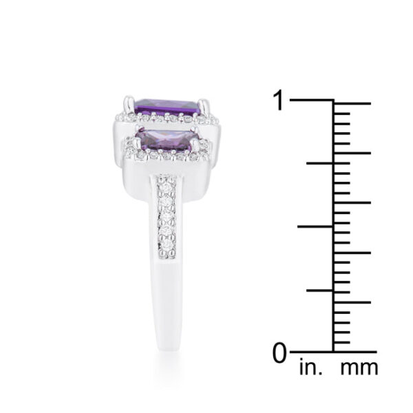 Rhodium plated over lead free alloy (brass) classic trio ring with round amethyst-colored cubic zirconia in pave.