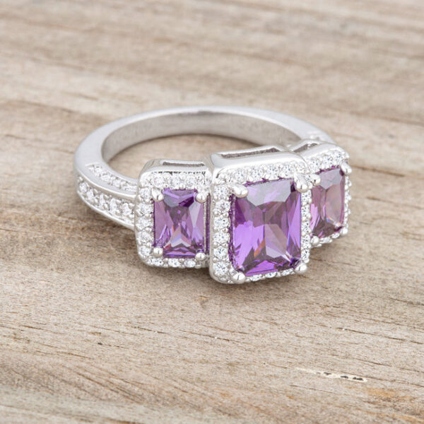 Round 1 Mm amethyst-colored cubic zirconia in pave on a rhodium plated over lead free alloy (brass) trio ring.