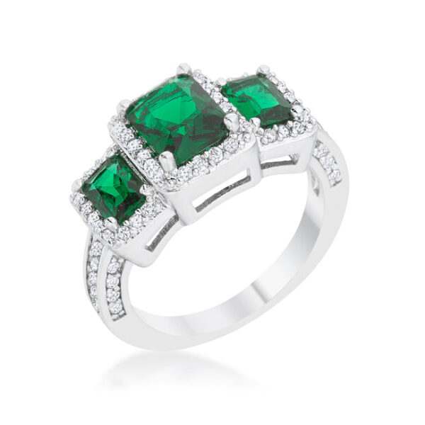 Trio ring with round emerald-colored cubic zirconia in pave and a rhodium plated over lead free alloy (brass) finish.