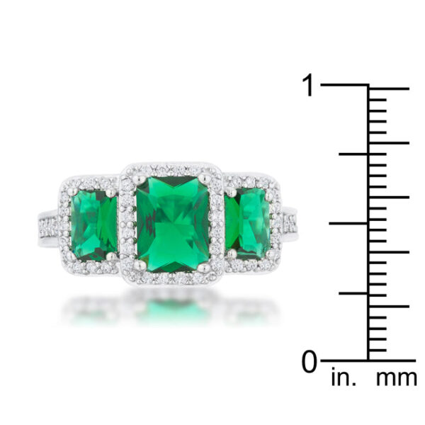 Pave-set round emerald-colored cubic zirconia with 2.3 ct total carat weight on a rhodium plated over lead free alloy (brass) ring.