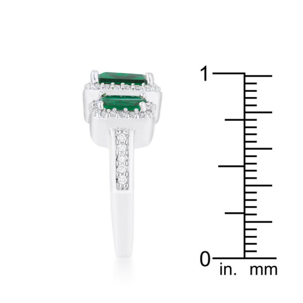 Classic trio ring with emerald-colored cubic zirconia in pave and rhodium plated over lead free alloy (brass).