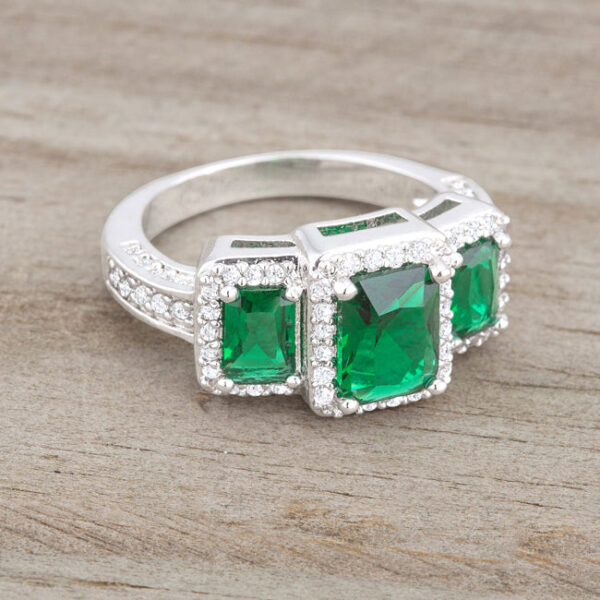 Emerald-colored cubic zirconia trio ring in pave, rhodium plated over lead free alloy (brass).