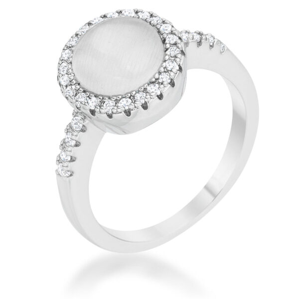 Classic ring in rhodium plated over lead free alloy (brass) with round, all-clear cubic zirconia in a pave setting.