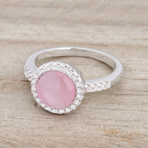 rhodium plated over lead free alloy (brass) ring with round cubic zirconia, all clear color, and a pave setting.