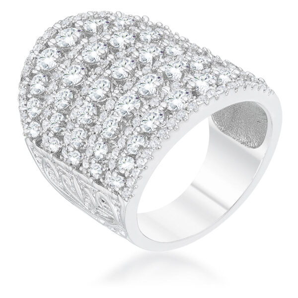 Round cubic zirconia pave cocktail ring, rhodium plated over lead free alloy (brass), with 2.5 ct total carat weight