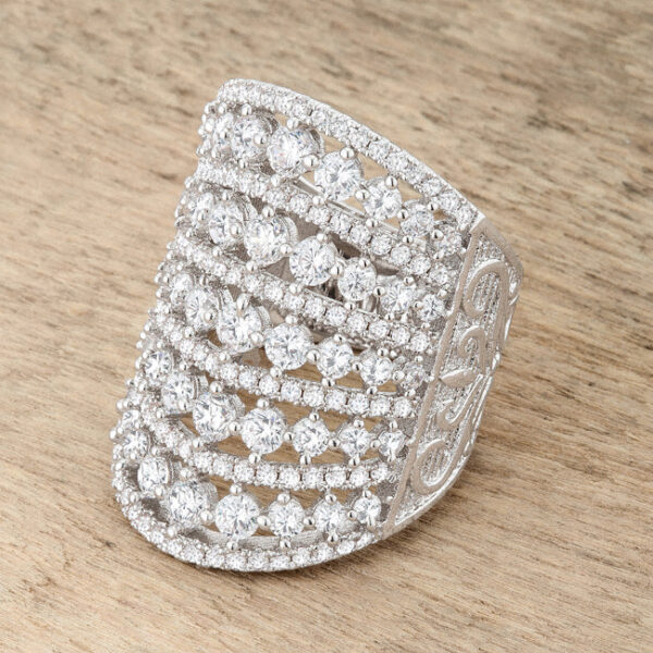 Classic cocktail ring rhodium plated over lead free alloy (brass) with round pave cubic zirconia