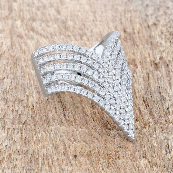Classic pink cubic zirconia cocktail ring in a pave setting, rhodium plated over lead free alloy (brass).
