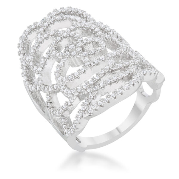 Filigree cocktail ring in rhodium plated over lead free alloy (brass) with clear round cubic zirconia in pave.