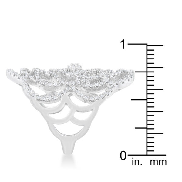Cocktail ring in rhodium plated over lead free alloy (brass) with clear cubic zirconia and antique filigree.