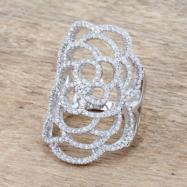 Clear round cubic zirconia pave cocktail ring with 1.25 ct total carat weight and a filigree design.