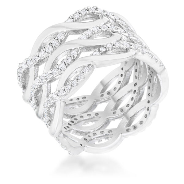 Contemporary twist cocktail ring with round 1.15 Mm cubic zirconia in a pave setting and rhodium plated over lead free alloy (brass).