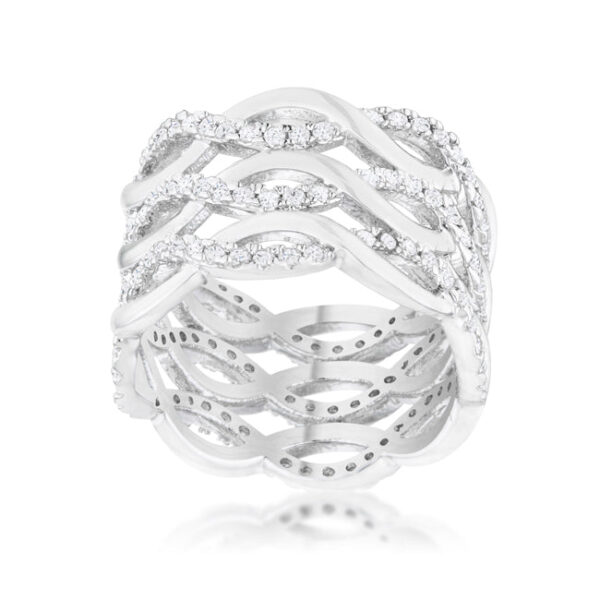 Twist cocktail ring with round 1.15 Mm cubic zirconia in pave and rhodium plated over lead free alloy (brass).