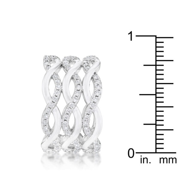 Classic cocktail ring with a contemporary twist design, cubic zirconia, and rhodium plated over lead free alloy (brass).