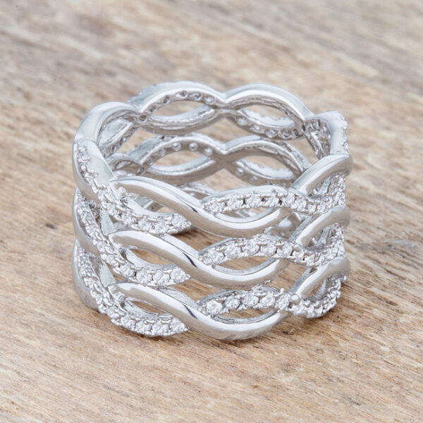 12 (mm)-wide twist cocktail ring with pave-set cubic zirconia and rhodium plated over lead free alloy (brass).