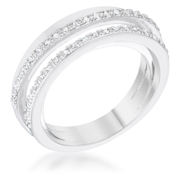 Twisted trio band ring in rhodium plated over lead free alloy (brass) with round pave-set cubic zirconia.