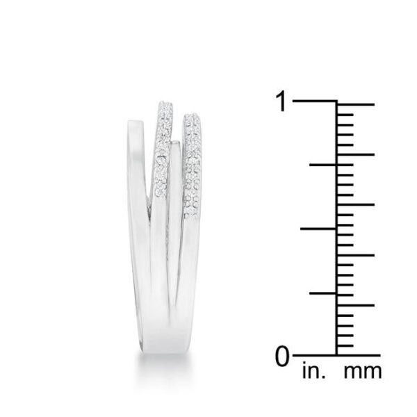 Twisted trio band ring in rhodium plated over lead free alloy (brass) with pave cubic zirconia.