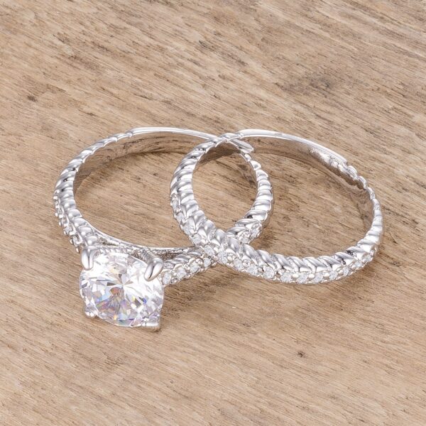 Classic baroque wedding set, 5mm wide, with round cubic zirconia in prong settings.