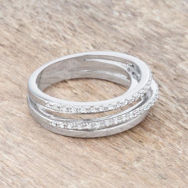 Twisted trio band ring with round 1 Mm cubic zirconia and 0.25 ct total carat weight.