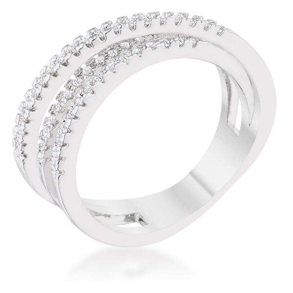 Round 1 Mm cubic zirconia in pave on a 5 (mm)-wide rhodium plated over lead free alloy (brass) trio band ring.