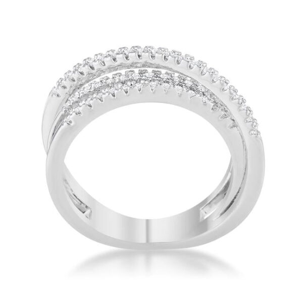 Classic trio band ring with round 1 Mm cubic zirconia in pave and 0.2 ct total carat weight.