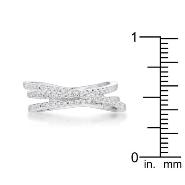 5 (mm)-wide trio band ring in rhodium plated over lead free alloy (brass) with round cubic zirconia in pave.