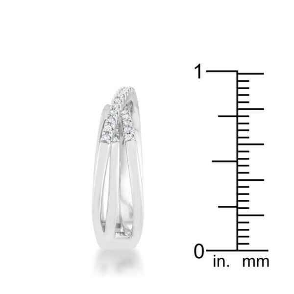 Rhodium plated over lead free alloy (brass) classic trio band ring with 0.2 ct total carat weight of cubic zirconia.