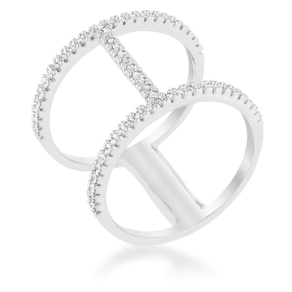 Open contemporary ring in rhodium plated over lead free alloy (brass) with round cubic zirconia in a pave setting.