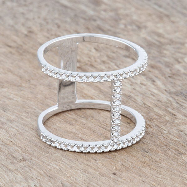 Simple open contemporary ring, rhodium plated over lead free alloy (brass), with round cubic zirconia in pave.