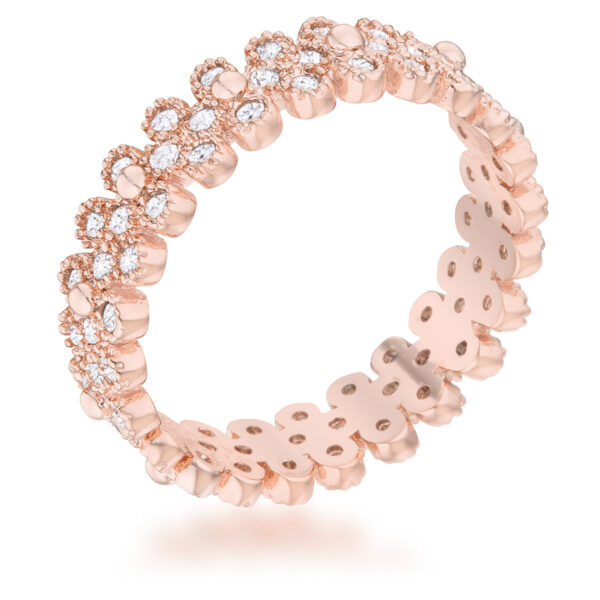 Textured bezel set eternity ring in rose gold tone over lead free alloy (brass) with round cubic zirconia.
