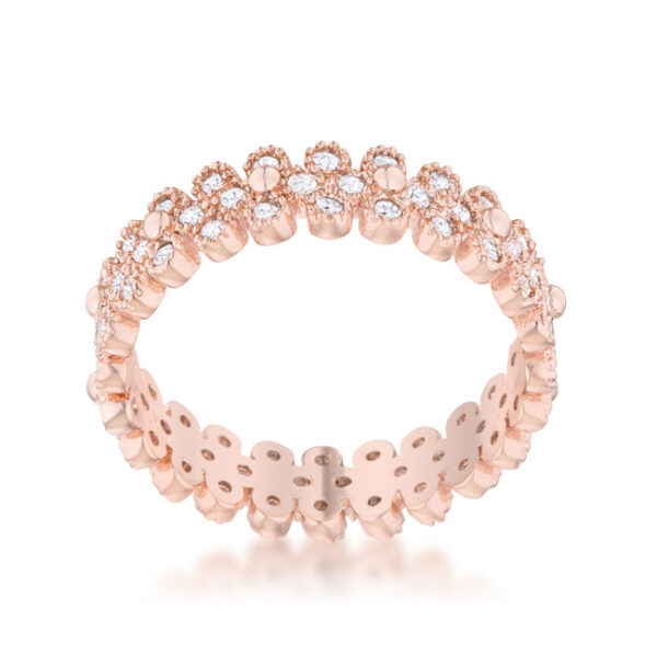 Classic eternity ring in rose gold tone over lead free alloy (brass) with round bezel-set cubic zirconia.