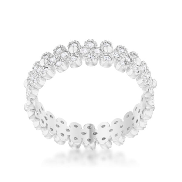Round 1.5mm cubic zirconia in a textured bezel setting on the rhodium plated over lead free alloy (brass) ring