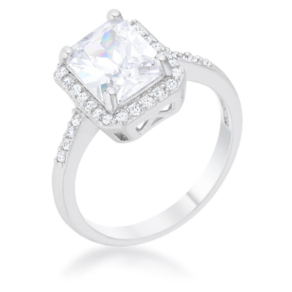 Classic ring with round cubic zirconia in a pave setting, rhodium plated over lead free alloy (brass).