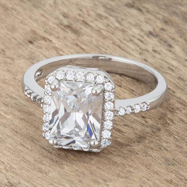 Round cubic zirconia classic ring, rhodium plated over lead free alloy (brass), with 2.95 ct total carat weight.