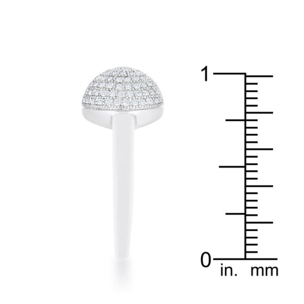 Rhodium plated over lead free alloy (brass) contemporary sphere ring with cubic zirconia.