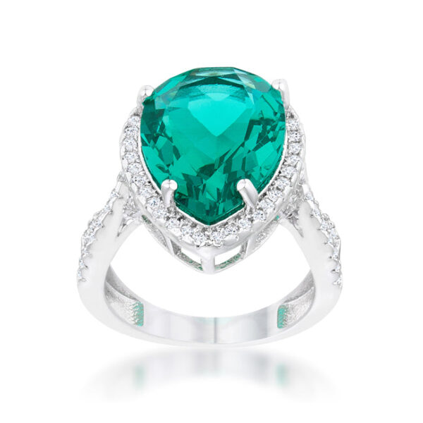 Teardrop cocktail ring with clear, round cubic zirconia held in a pave setting and 9.9 ct total carat weight.